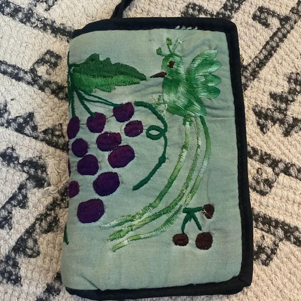 Vintage Guatemalan Hand Embroidered Quetzal Bird & Fruit Cotton Travel Wallet